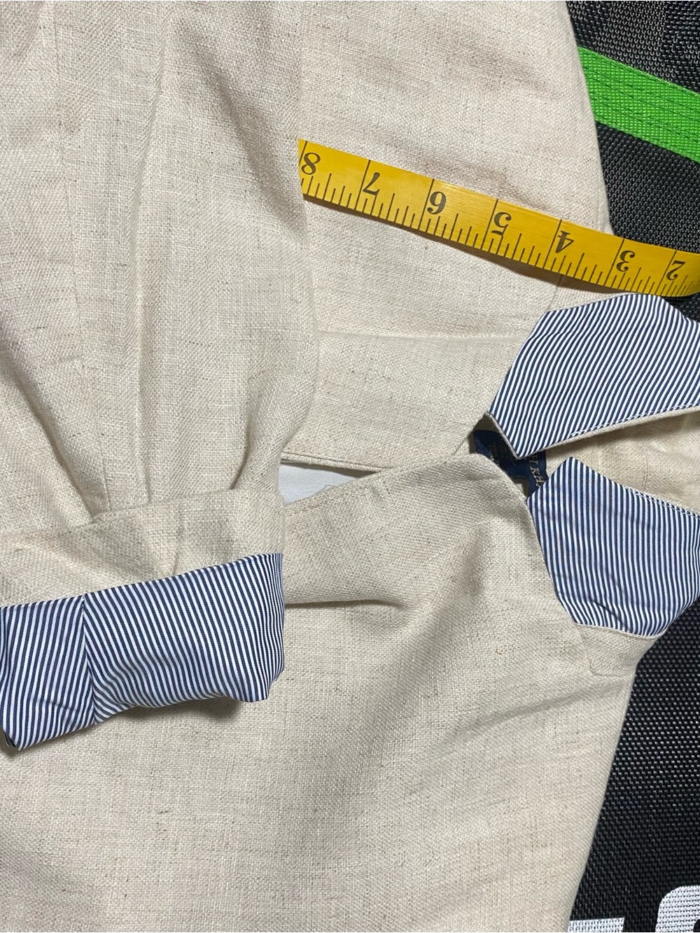British Khaki Cream Linen-Blend Single-Button Blazer with Blue Stripe Accents S - Picture 7 of 10